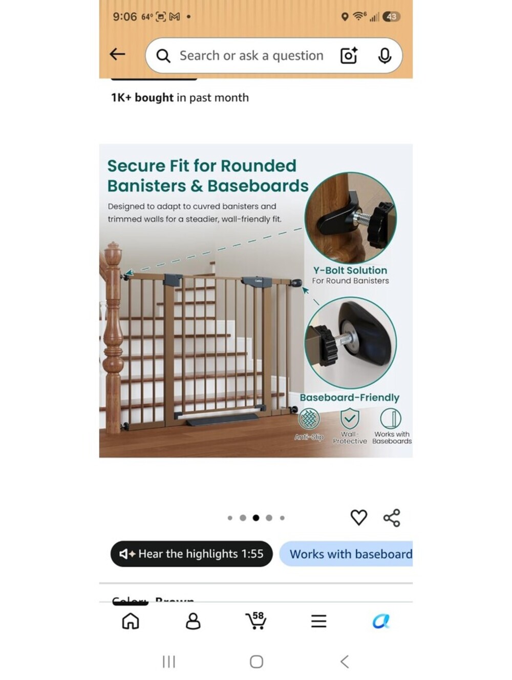 Cumbor 30-46" Baby Gate for Stairs, Auto Close Dog Gate for House Brown
